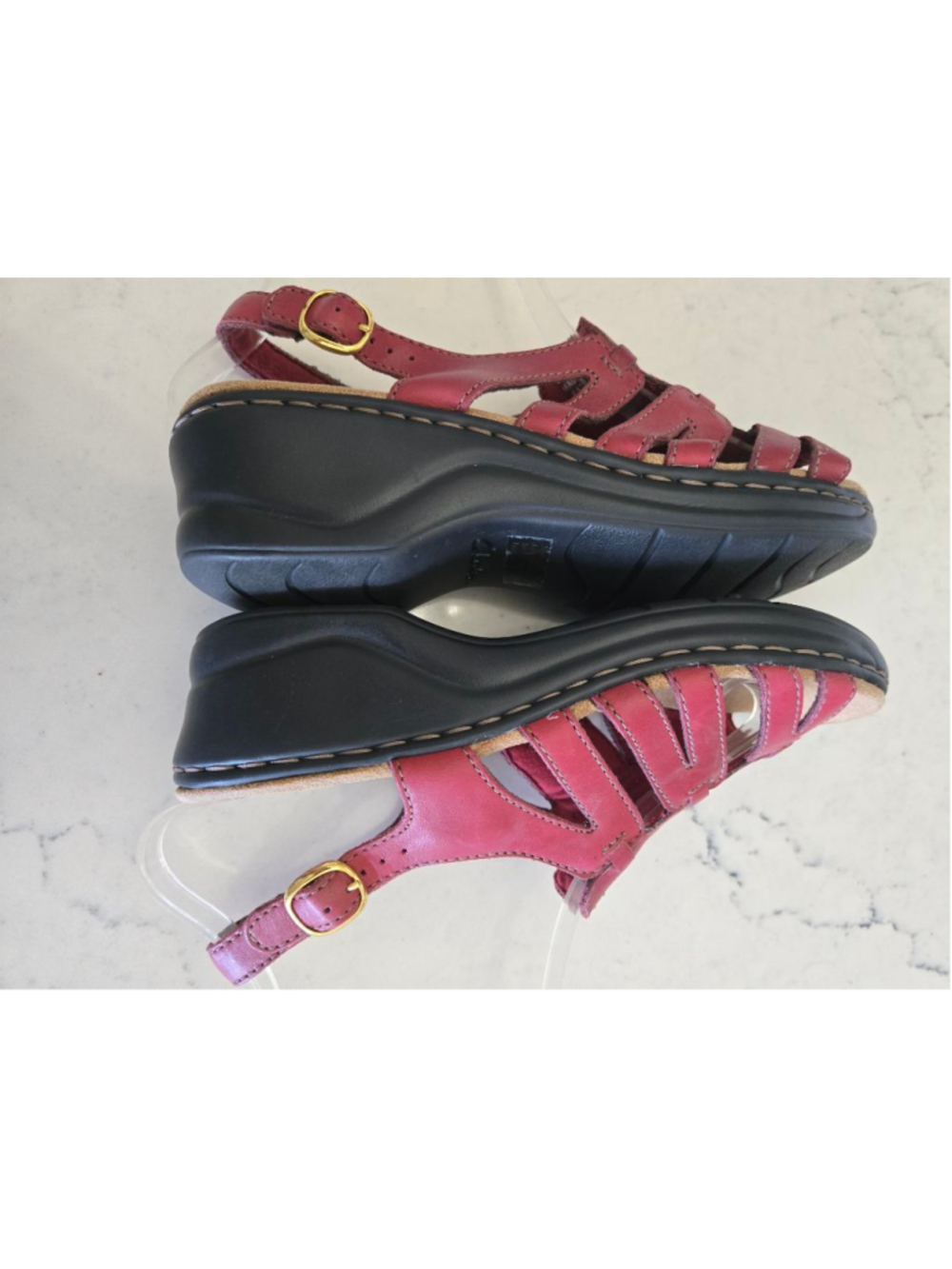 Clarks Red Leather Bendables Lexi Marigold Wedge Sandals Size 6.5 - Picture 4 of 12